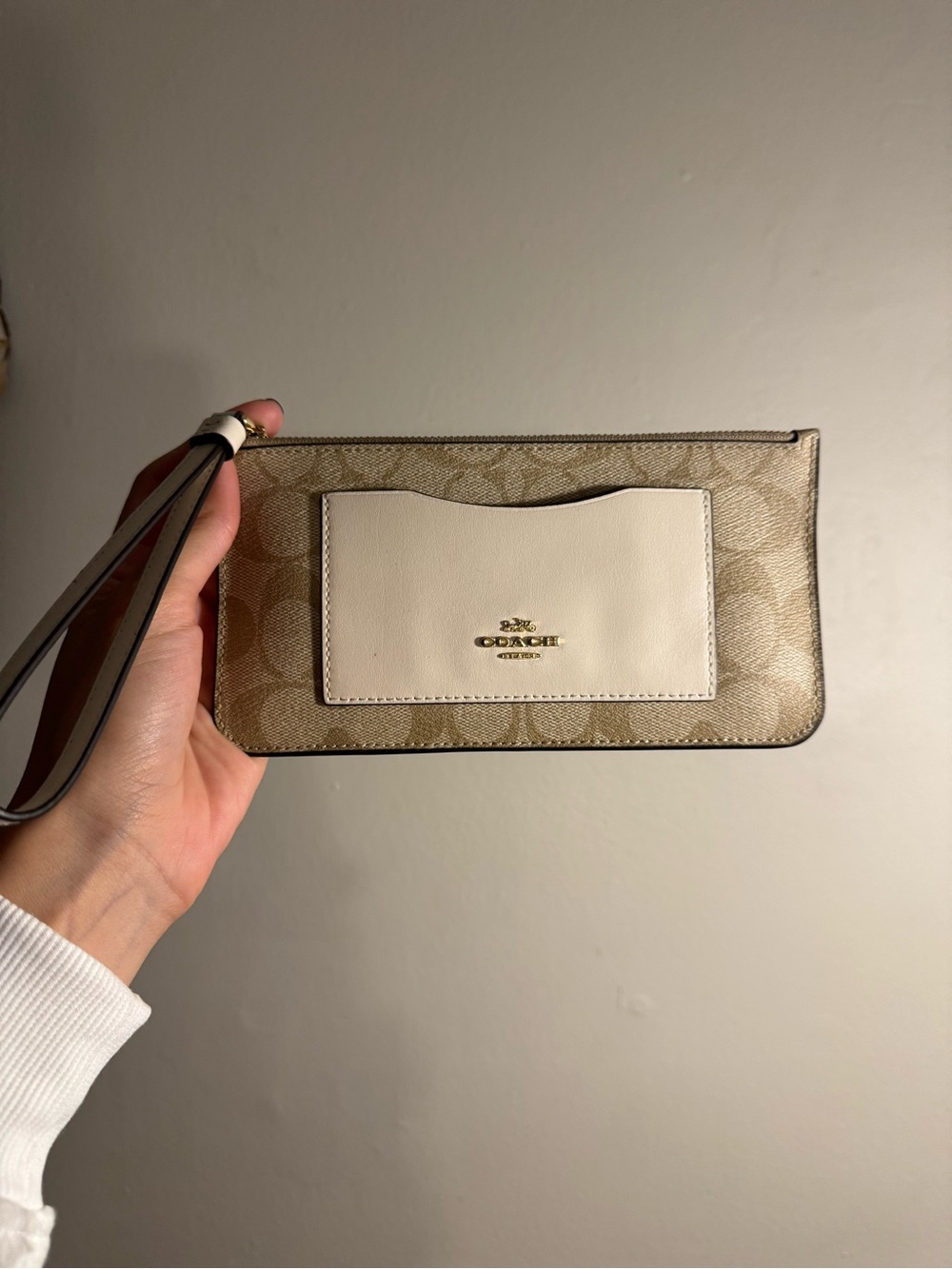 COACH Beige Signature Canvas Wristlet with White Leather Pocket